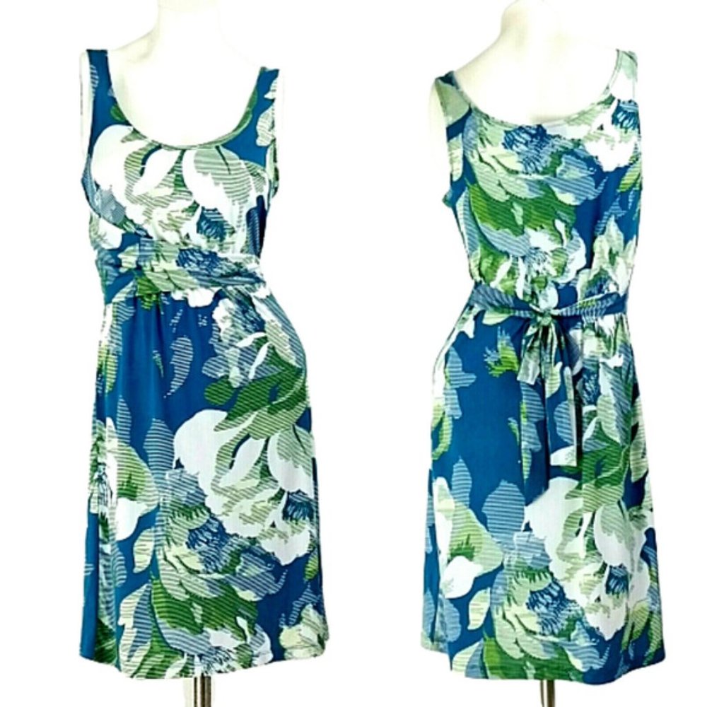 Attention Blue Floral Sleeveless Tie Waist Dress